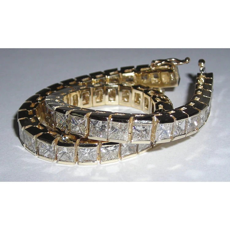 12.50 Carat Princess Lab Grown Diamond Tennis Bracelet Yellow Gold