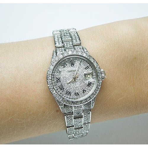 12.5 Ct Rolex Datejust Ladies Watch Fully Iced Out Diamond Bracelet