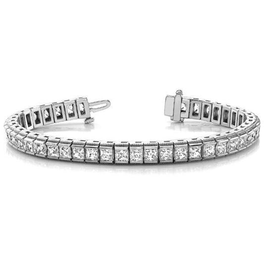 12.60 Carats Real Sparkling Princess Cut Diamonds Tennis Bracelet WG 14K