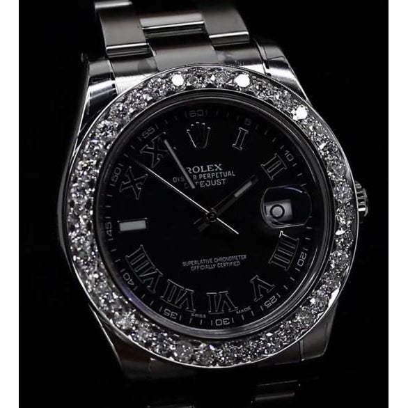 Custom Diamond Bezel Dj Ii Rolex Watch Oyster Bracelet Black Dial
