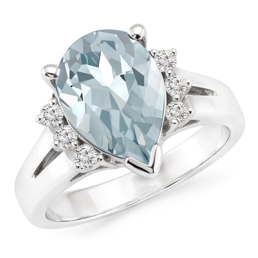 13.25 Carats Prong Set Aquamarine And Natural Earth Mined Diamond ( Not Lab Grown )s Ring 14K White Gold