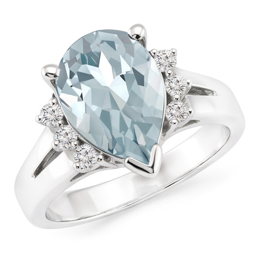 13.25 Carats Prong Set Aquamarine And Natural Earth Mined Diamond ( Not Lab Grown )s Ring 14K White Gold