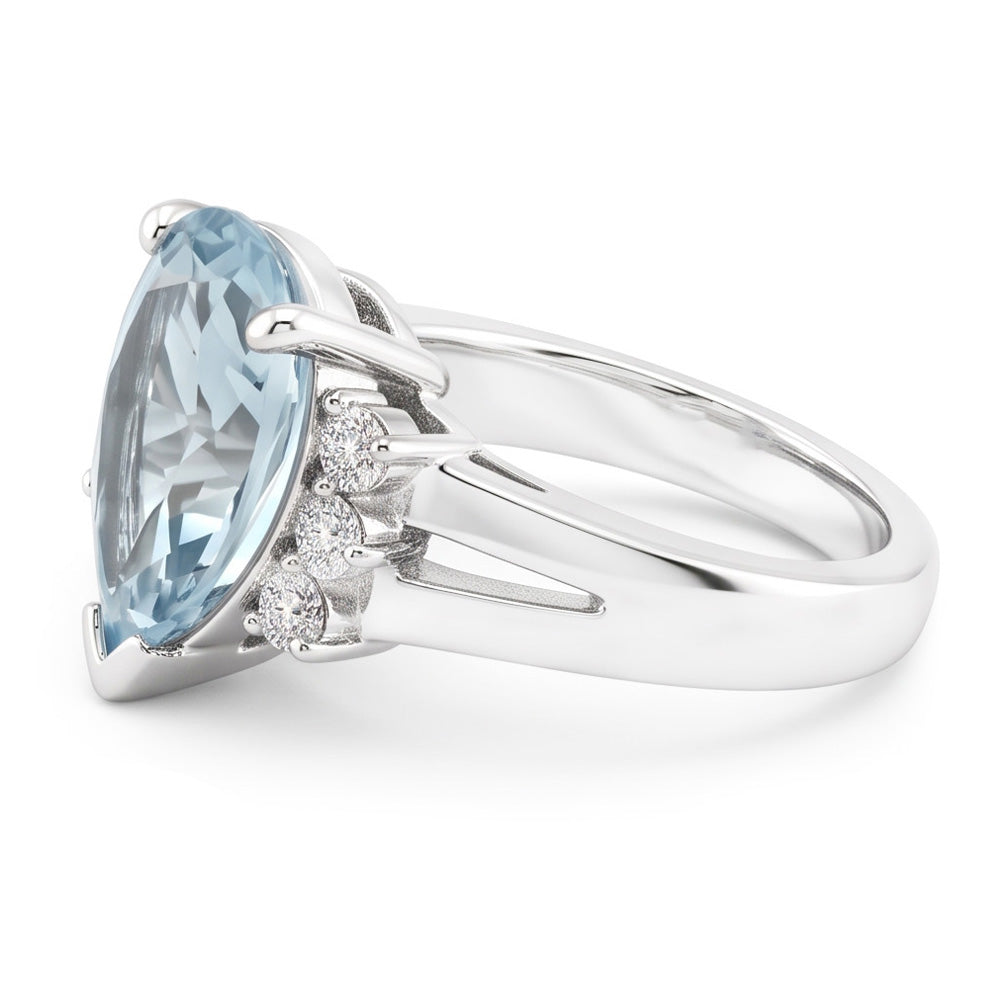 13.25 Carats Prong Set Aquamarine And Natural Earth Mined Diamond ( Not Lab Grown )s Ring 14K White Gold