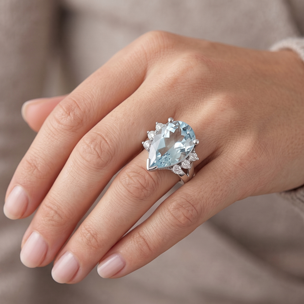 13.25 Carats Prong Set Aquamarine And Natural Earth Mined Diamond ( Not Lab Grown )s Ring 14K White Gold