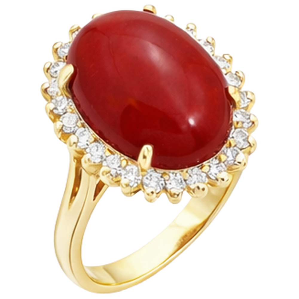 13.25 Ct Solitaire With Accent Red Coral With Natural Earth Mined Diamond ( Not Lab Grown )s Yellow Gold