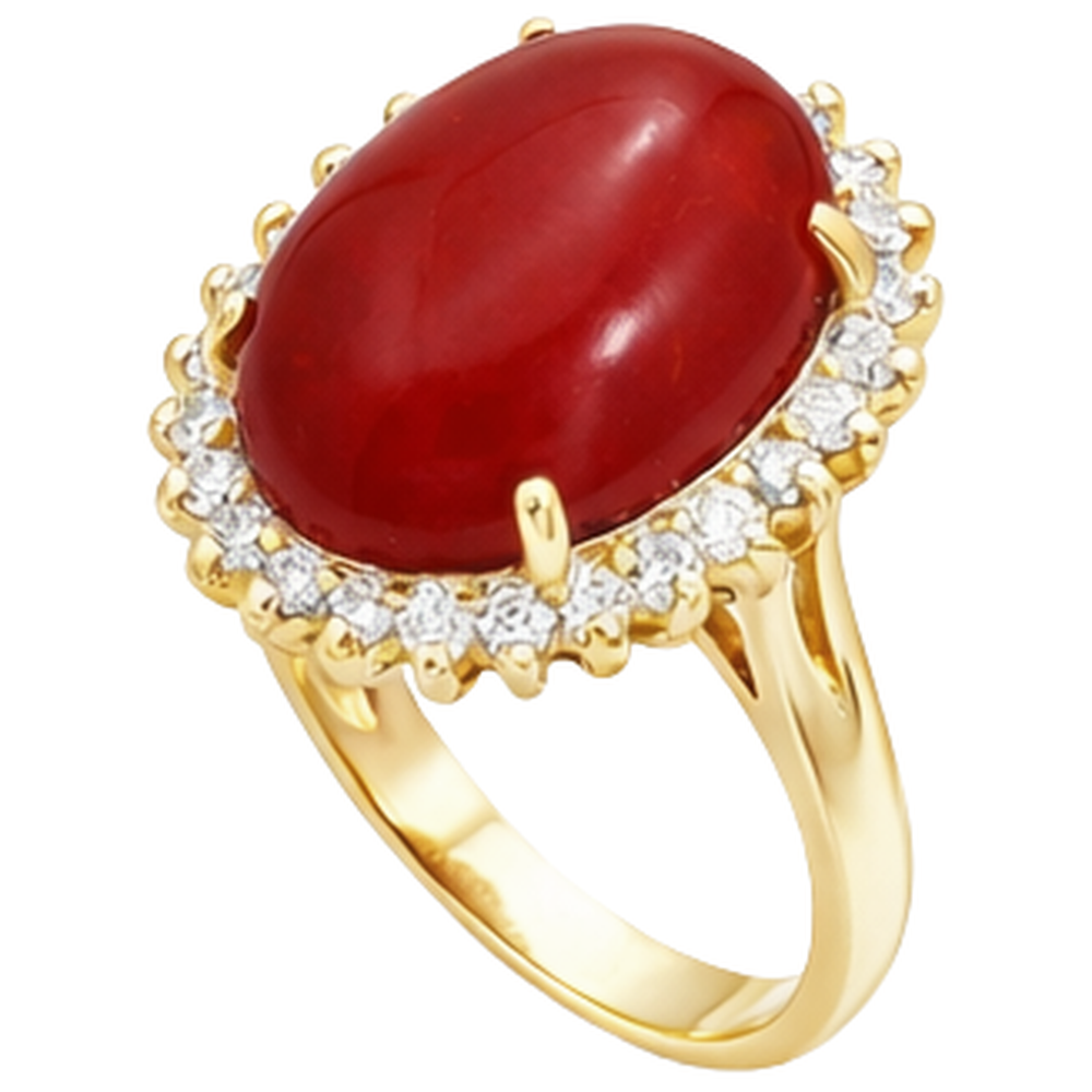 13.25 Ct Solitaire With Accent Red Coral With Natural Earth Mined Diamond ( Not Lab Grown )s Yellow Gold