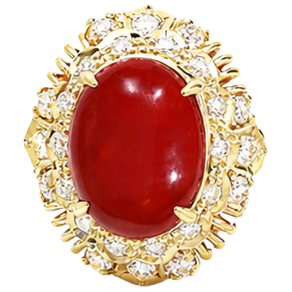 13.50 Ct Oval Red Coral With Round Natural Earth Mined Diamond ( Not Lab Grown )s Ring Yellow Gold 14K