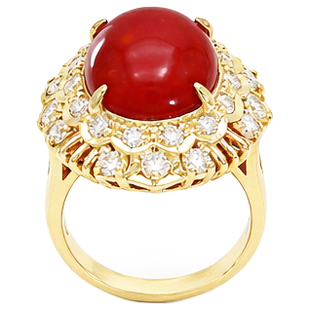 13.50 Ct Oval Red Coral With Round Natural Earth Mined Diamond ( Not Lab Grown )s Ring Yellow Gold 14K