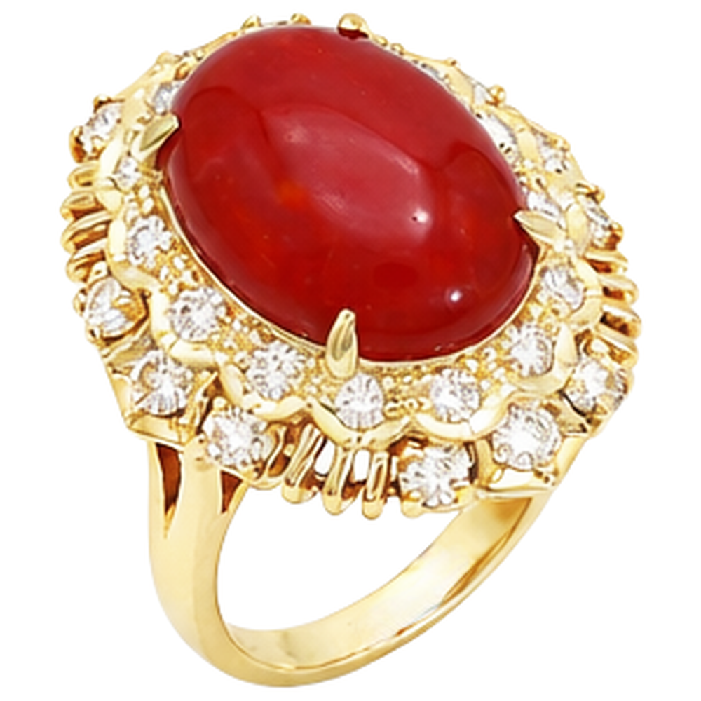 13.50 Ct Oval Red Coral With Round Natural Earth Mined Diamond ( Not Lab Grown )s Ring Yellow Gold 14K