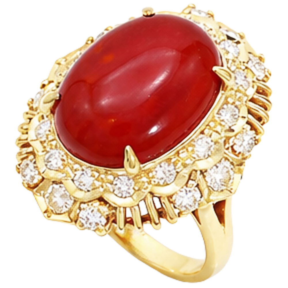 13.50 Ct Oval Red Coral With Round Natural Earth Mined Diamond ( Not Lab Grown )s Ring Yellow Gold 14K
