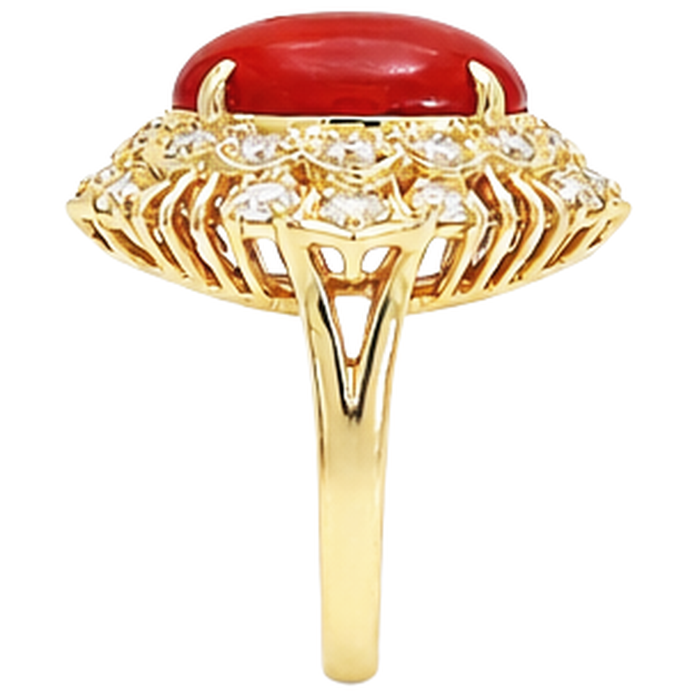 13.50 Ct Oval Red Coral With Round Natural Earth Mined Diamond ( Not Lab Grown )s Ring Yellow Gold 14K