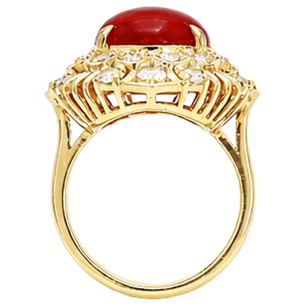 13.50 Ct Oval Red Coral With Round Natural Earth Mined Diamond ( Not Lab Grown )s Ring Yellow Gold 14K