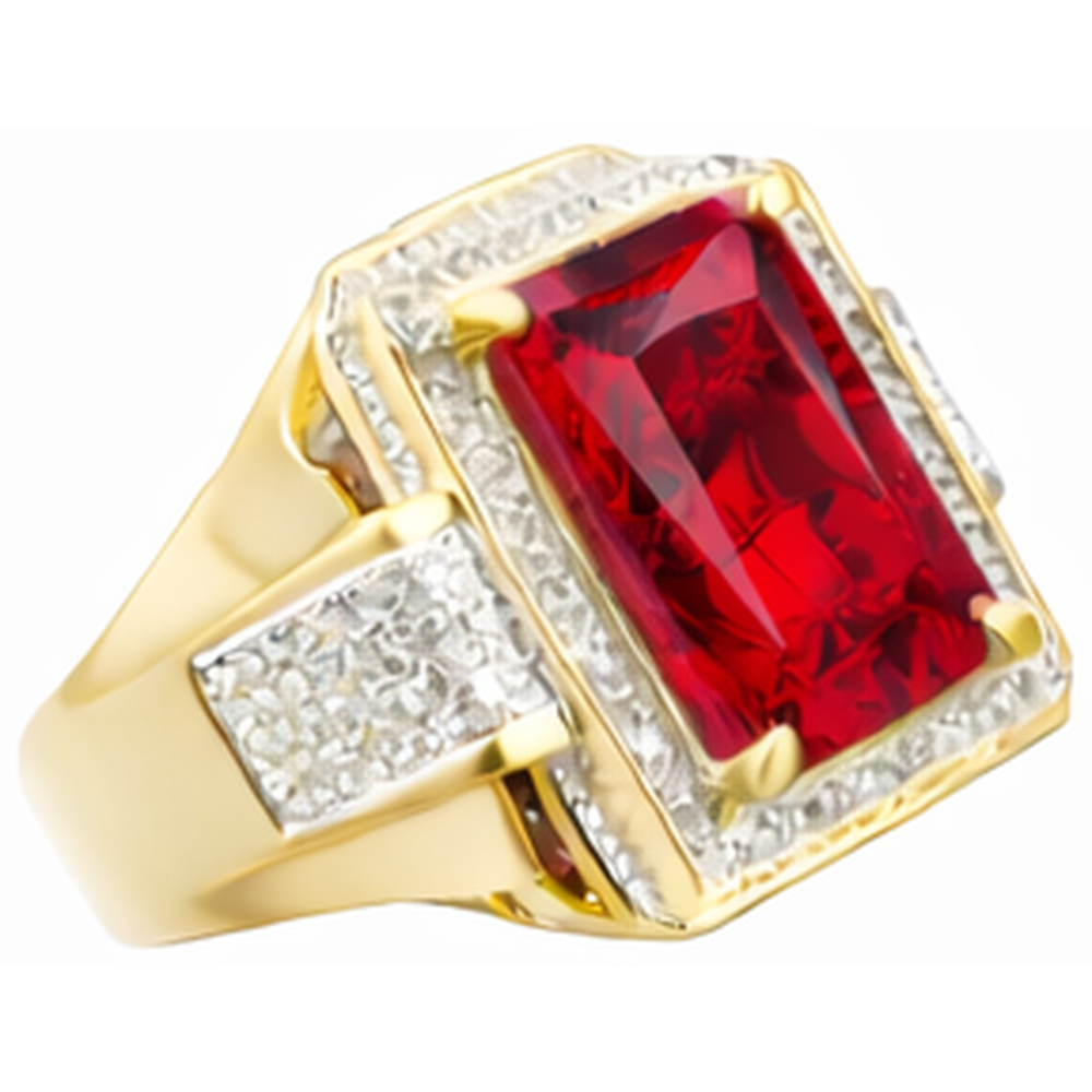 13 Ct Big Emerald Cut Red Aaa Men's Ruby Ring With Natural Earth Mined Diamond ( Not Lab Grown ) Yellow Gold 14K