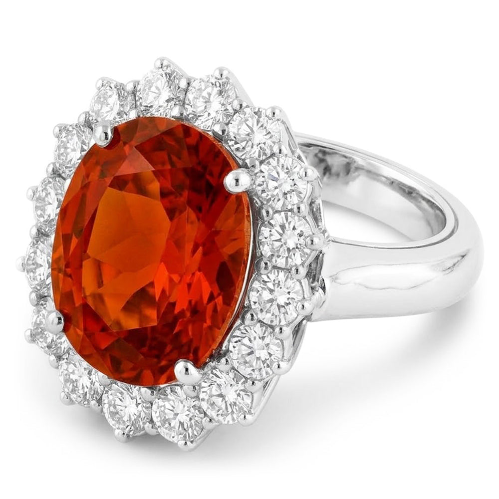 13 Ct Oval Mandarin Garnet With Round Natural Earth Mined Diamond ( Not Lab Grown )s Ring White Gold