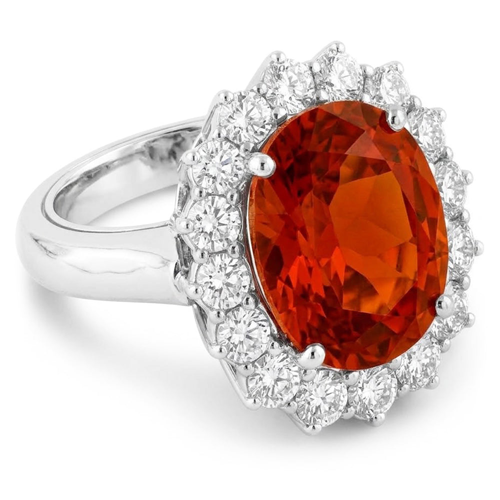 13 Ct Oval Mandarin Garnet With Round Natural Earth Mined Diamond ( Not Lab Grown )s Ring White Gold