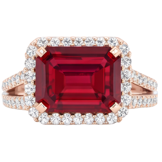13 Ct Red Ruby Emerald Cut With Natural Earth Mined Diamond ( Not Lab Grown ) Wedding Ring 14K Rose Gold