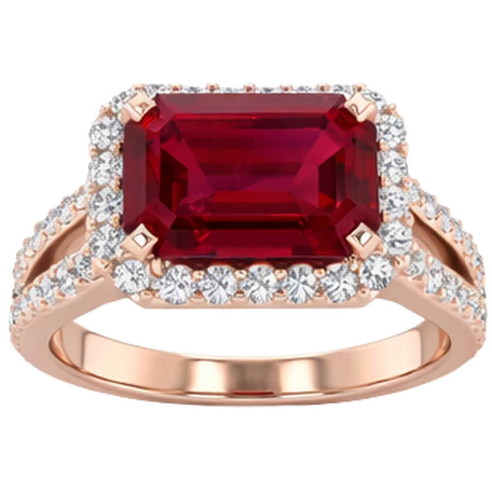 13 Ct Red Ruby Emerald Cut With Natural Earth Mined Diamond ( Not Lab Grown ) Wedding Ring 14K Rose Gold