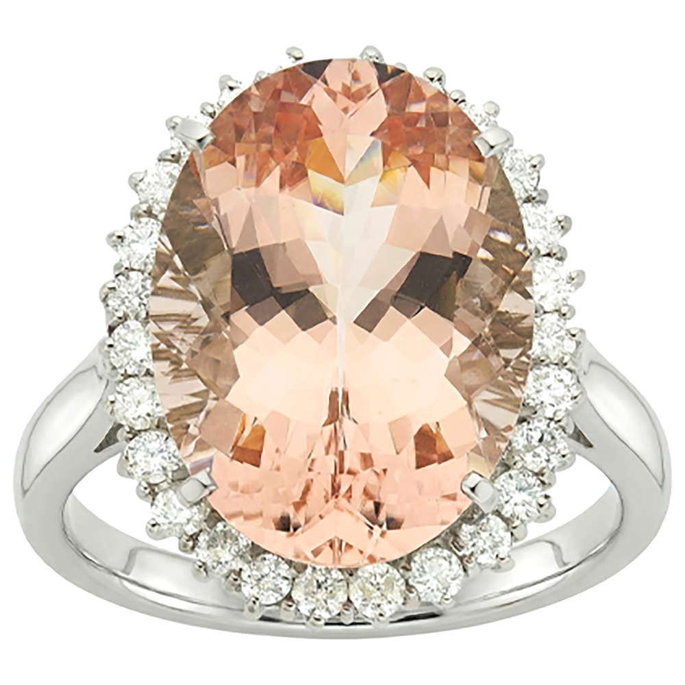 14.25 Ct. Big Oval Morganite With Small Natural Earth Mined Diamond ( Not Lab Grown )s Ring White Gold 14K