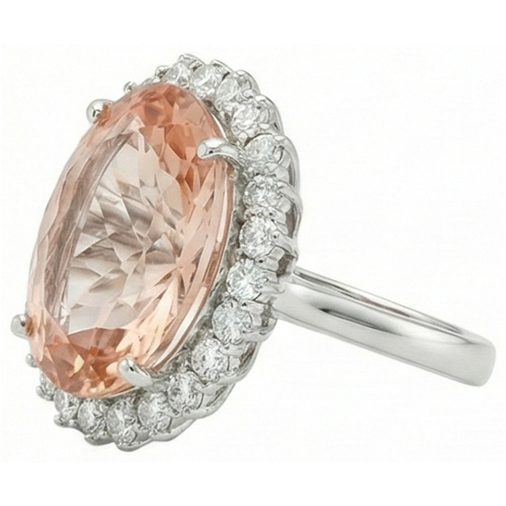 14.25 Ct. Big Oval Morganite With Small Natural Earth Mined Diamond ( Not Lab Grown )s Ring White Gold 14K