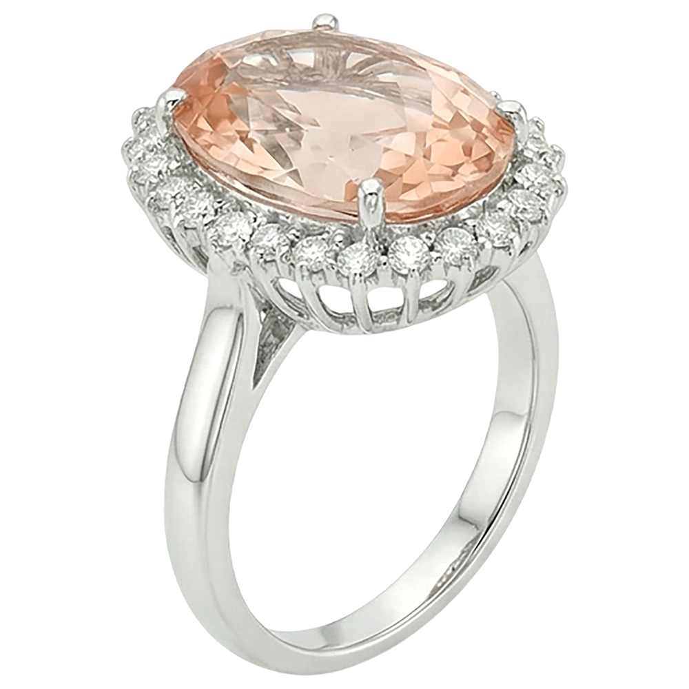 14.25 Ct. Big Oval Morganite With Small Natural Earth Mined Diamond ( Not Lab Grown )s Ring White Gold 14K