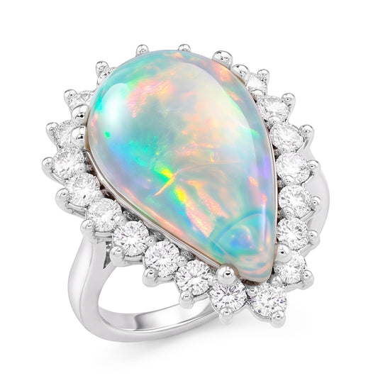 14.25 Ct Ladies Pear Opal And Round Natural Earth Mined Diamond ( Not Lab Grown )s Ring White Gold 14K