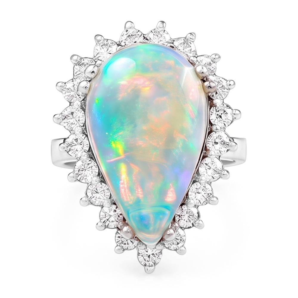 14.25 Ct Ladies Pear Opal And Round Natural Earth Mined Diamond ( Not Lab Grown )s Ring White Gold 14K
