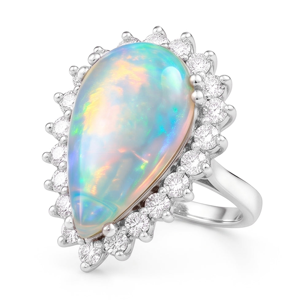 14.25 Ct Ladies Pear Opal And Round Natural Earth Mined Diamond ( Not Lab Grown )s Ring White Gold 14K