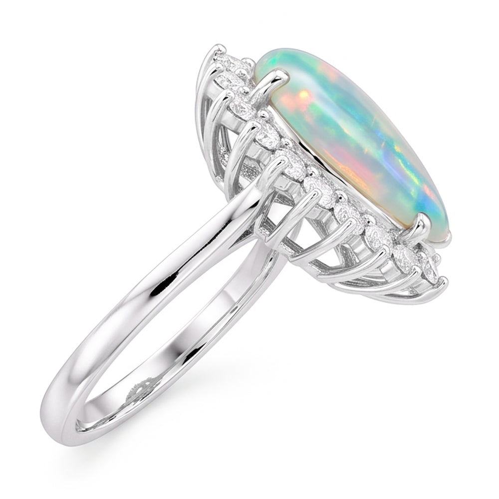 14.25 Ct Ladies Pear Opal And Round Natural Earth Mined Diamond ( Not Lab Grown )s Ring White Gold 14K