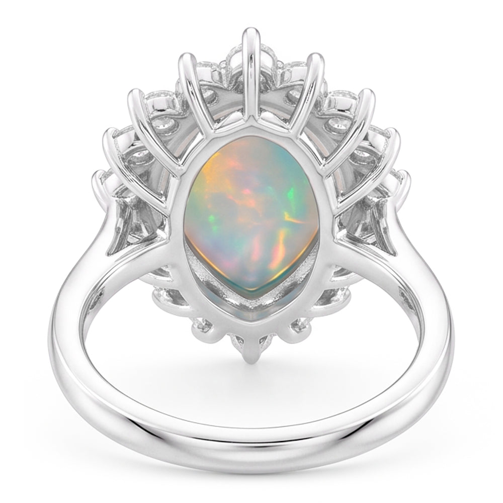 14.25 Ct Ladies Pear Opal And Round Natural Earth Mined Diamond ( Not Lab Grown )s Ring White Gold 14K