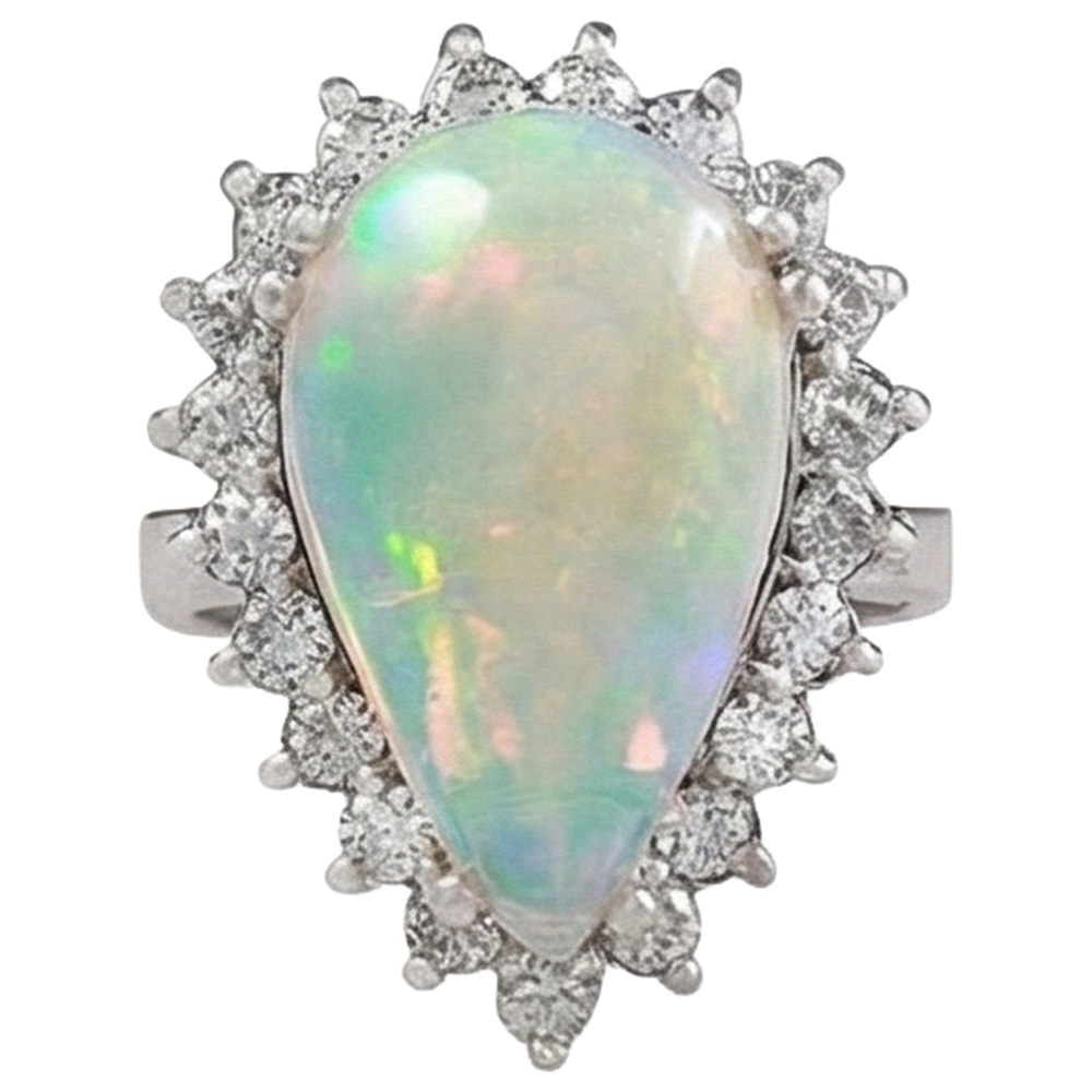 14.25 Ct Ladies Pear Opal And Round Natural Earth Mined Diamond ( Not Lab Grown )s Ring White Gold 14K