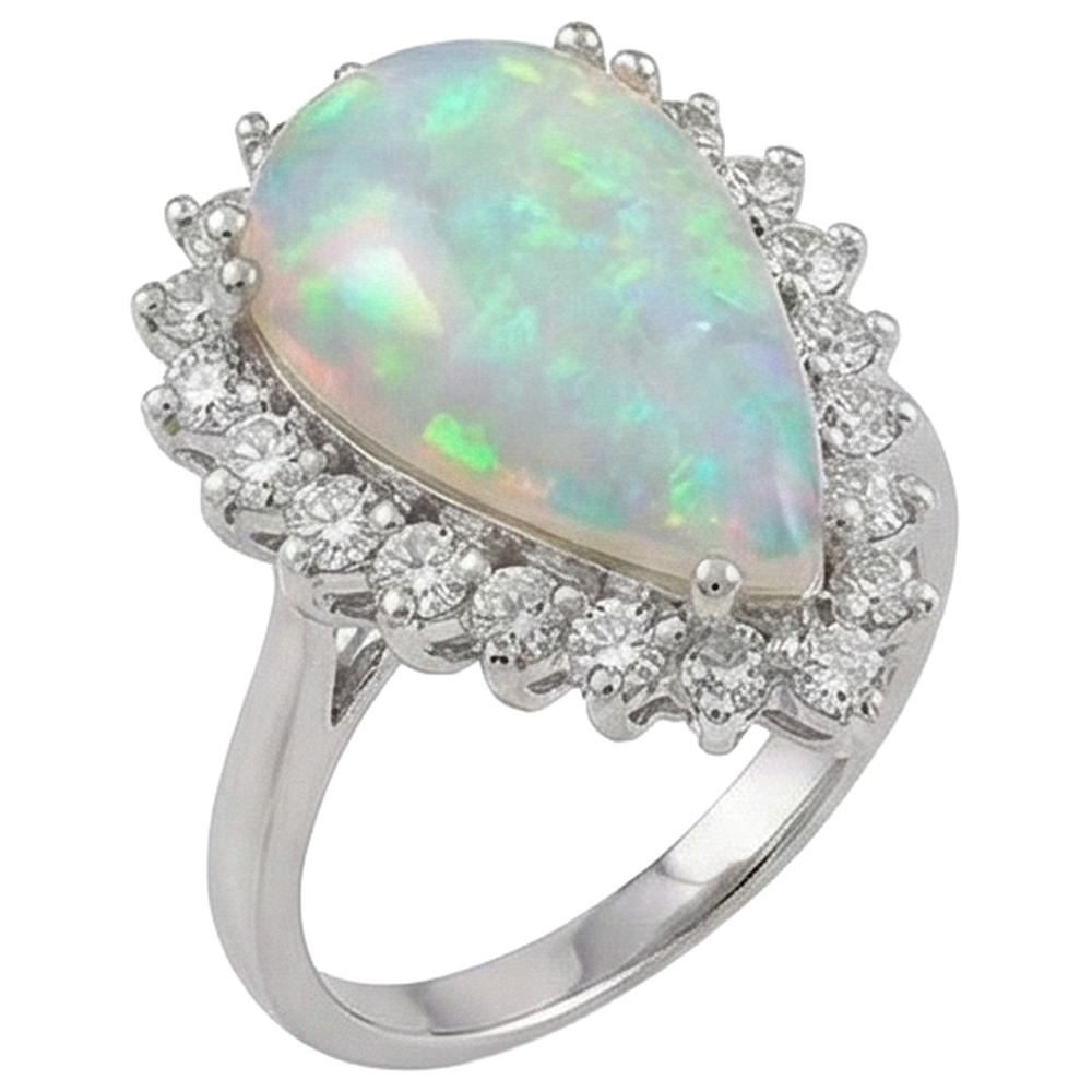 14.25 Ct Ladies Pear Opal And Round Natural Earth Mined Diamond ( Not Lab Grown )s Ring White Gold 14K