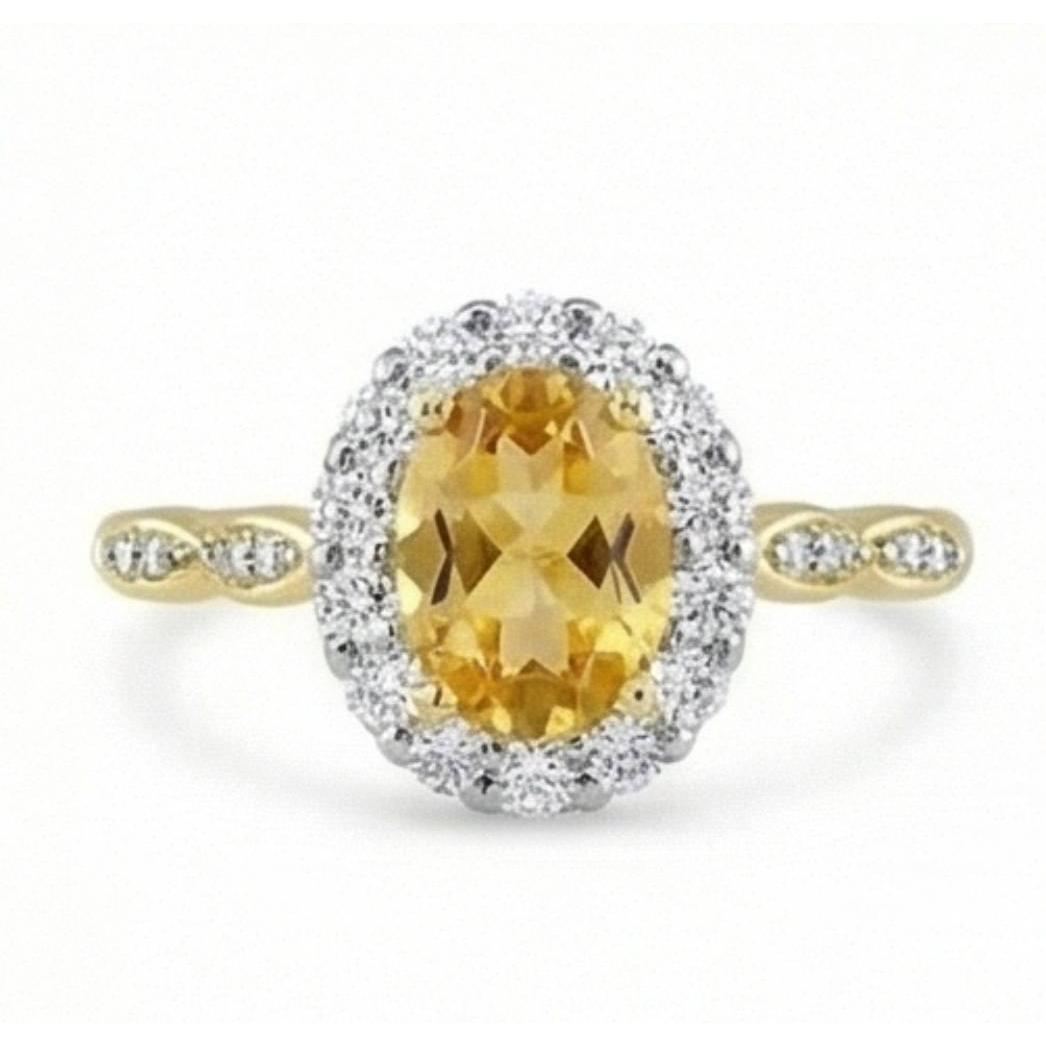 14.75 Carats Oval Cut Citrine And Natural Earth Mined Diamonds Wedding Ring Yellow Gold