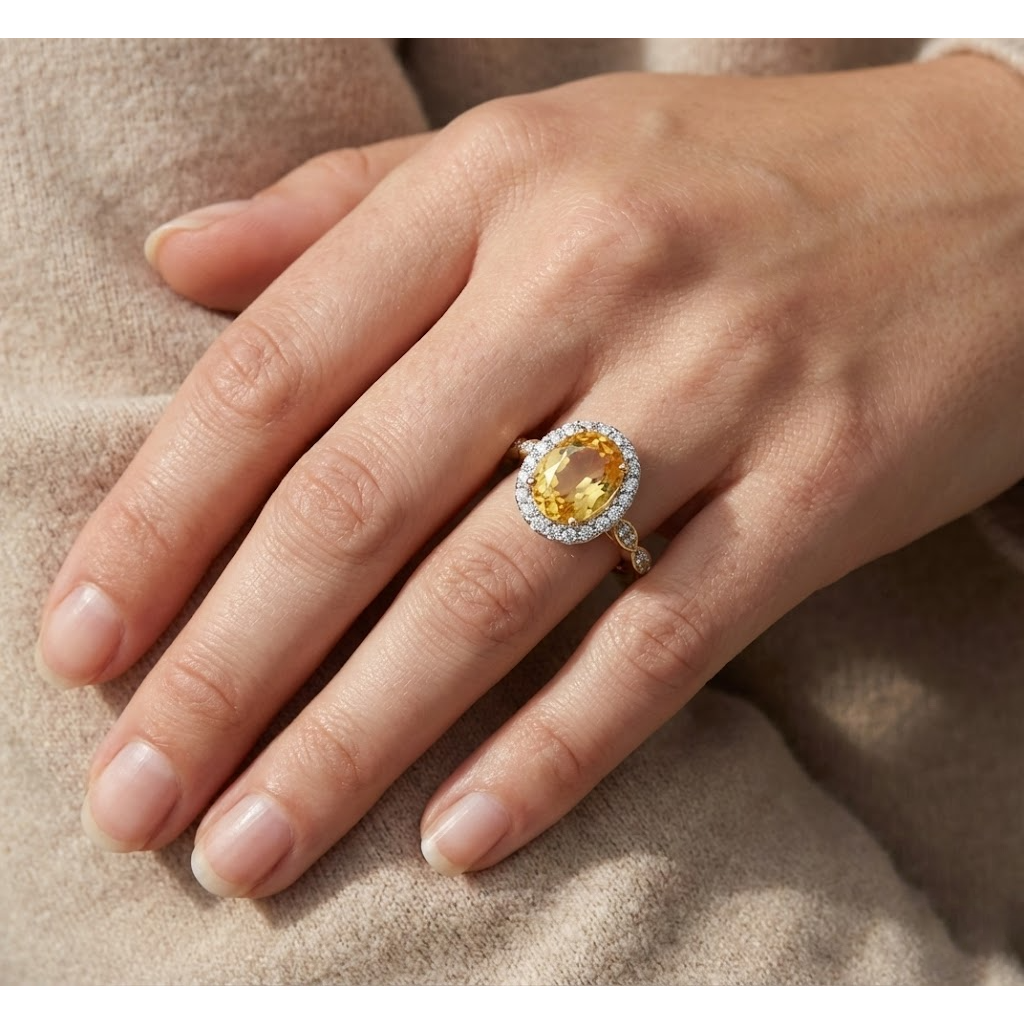 14.75 Carats Oval Cut Citrine And Natural Earth Mined Diamonds Wedding Ring Yellow Gold