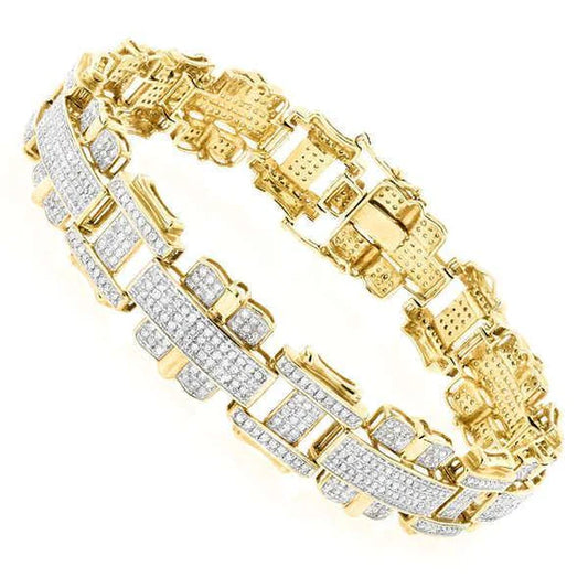 14 Carats Fine Round Cut Natural Diamond Men's Bracelet Yellow Gold 14K