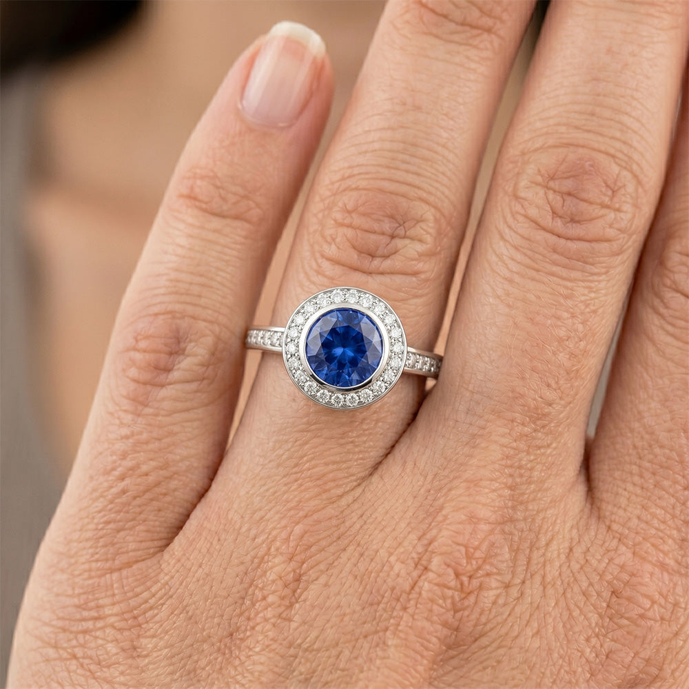 14K Bezel Ceylon Sapphire Natural Earth Mined Diamond ( Not Lab Grown ) Engagement Ring 3.42 Carats