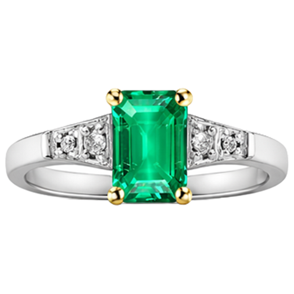 Fine Emerald Emerald Cut Colored Stone Ring in Two-Tone 14K Gold – angle view
