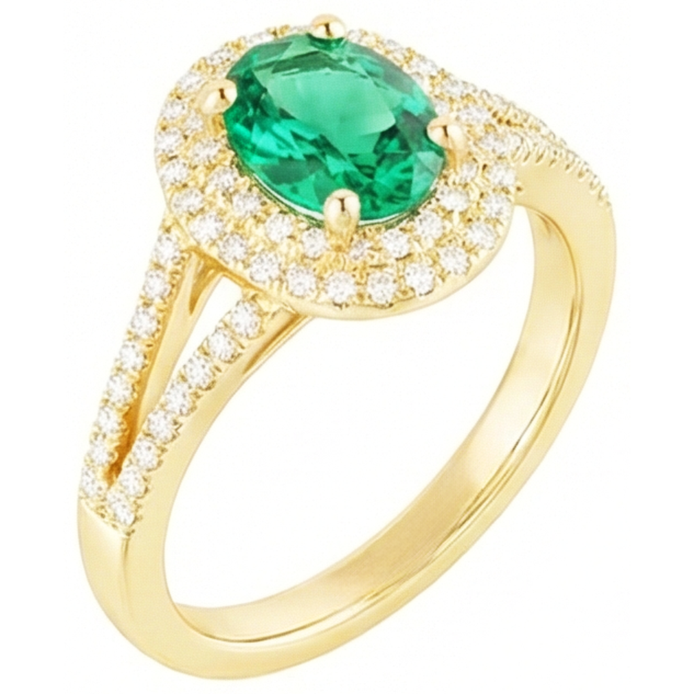 14K Gold Oval Shaped Green Emerald With Round Natural Earth Mined Diamond ( Not Lab Grown )  Ring 6 Carats