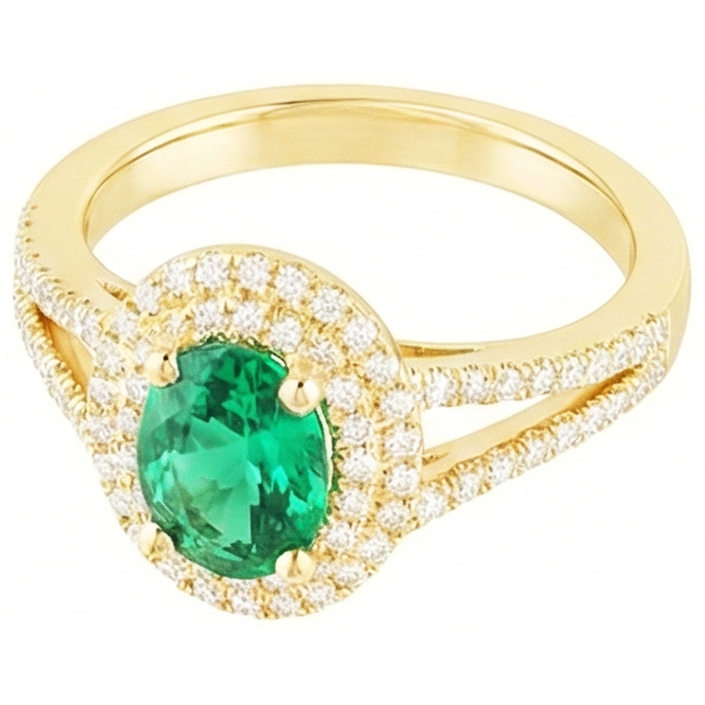 14K Gold Oval Shaped Green Emerald With Round Natural Earth Mined Diamond ( Not Lab Grown )  Ring 6 Carats