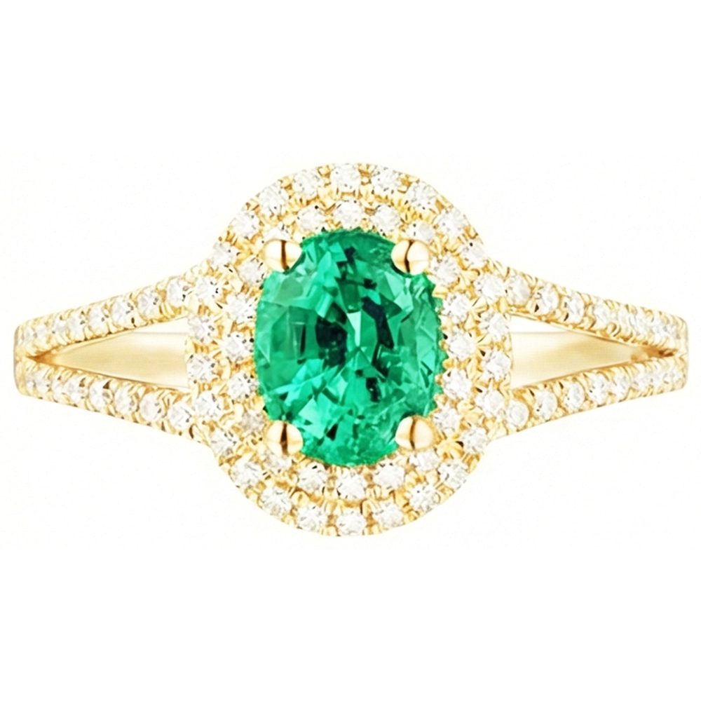 14K Gold Oval Shaped Green Emerald With Round Natural Earth Mined Diamond ( Not Lab Grown )  Ring 6 Carats