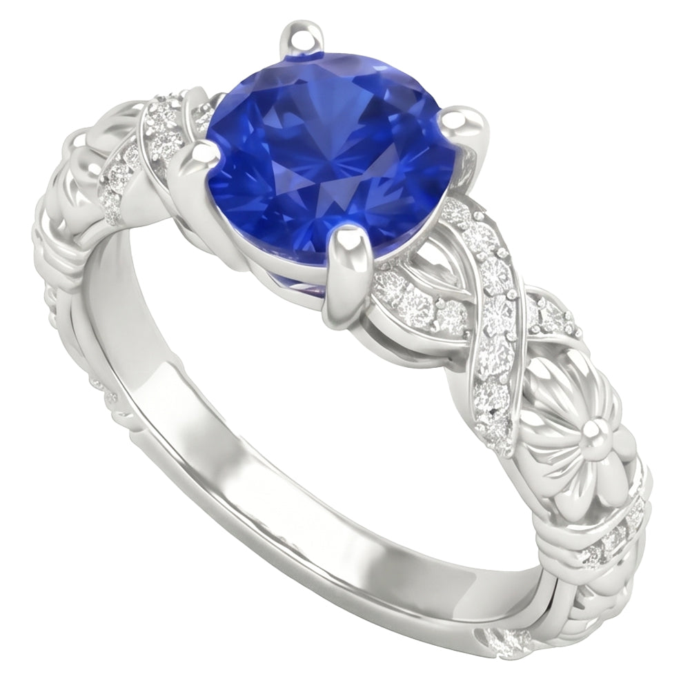 14K White Gold 1.90 Ct Round Cut Ceylon Sapphire Natural Earth Mined Diamond ( Not Lab Grown ) s Ring New