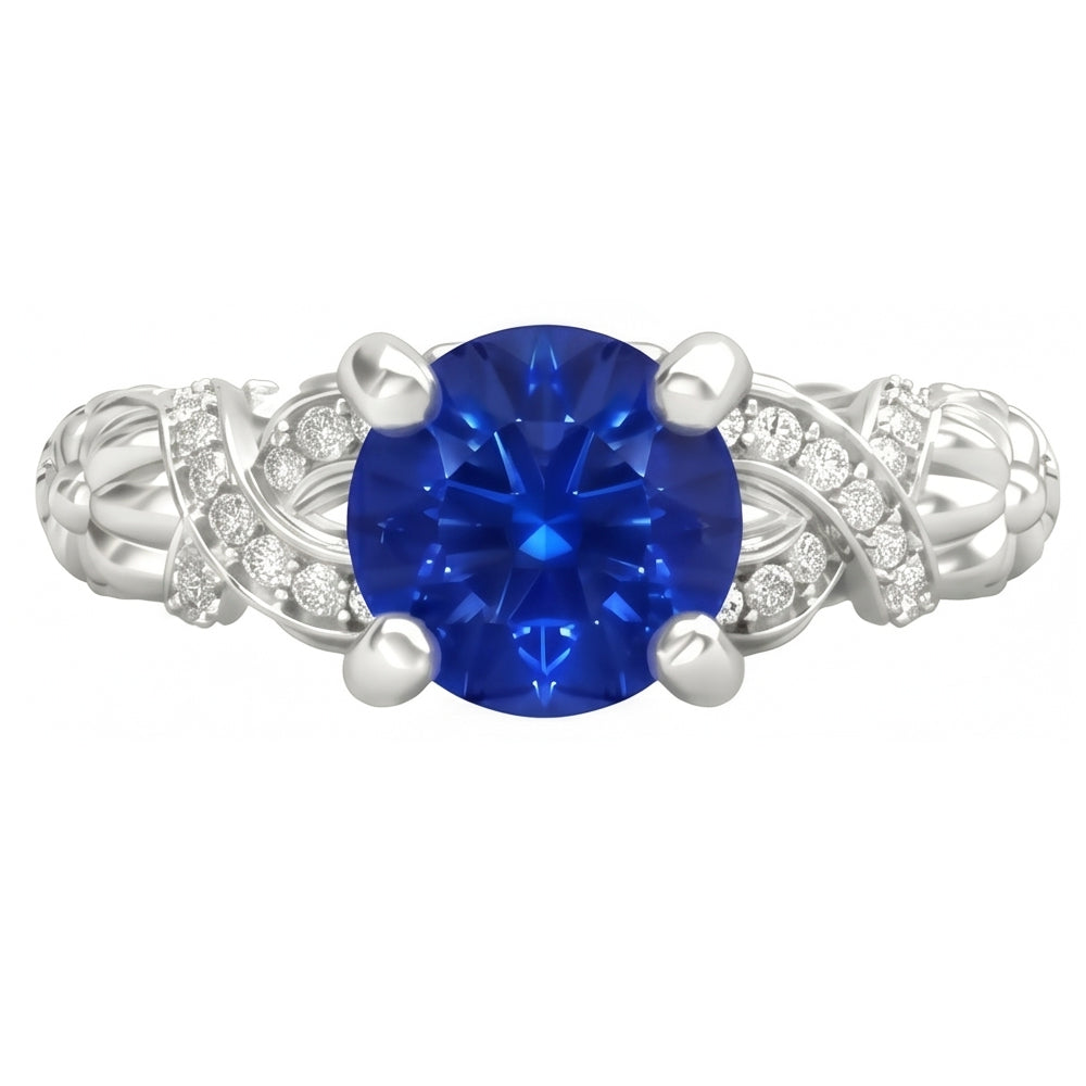 14K White Gold 1.90 Ct Round Cut Ceylon Sapphire Natural Earth Mined Diamond ( Not Lab Grown ) s Ring New