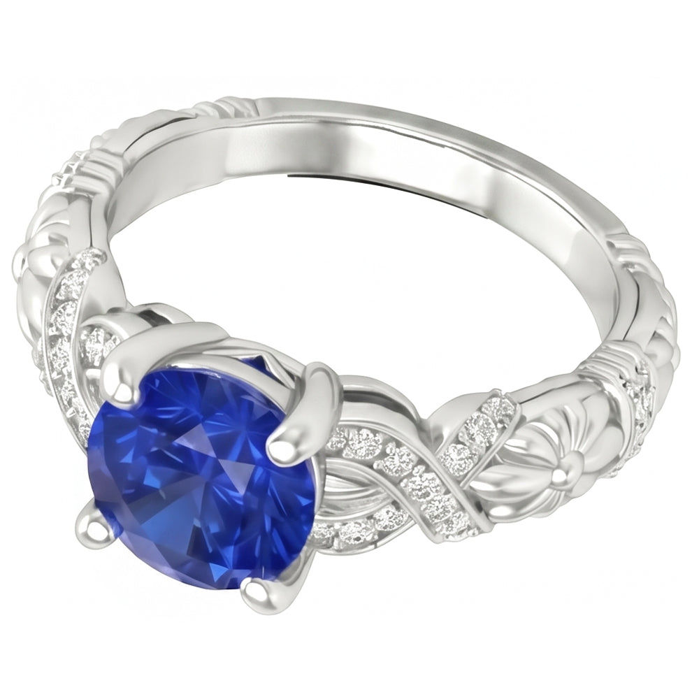 14K White Gold 1.90 Ct Round Cut Ceylon Sapphire Natural Earth Mined Diamond ( Not Lab Grown ) s Ring New