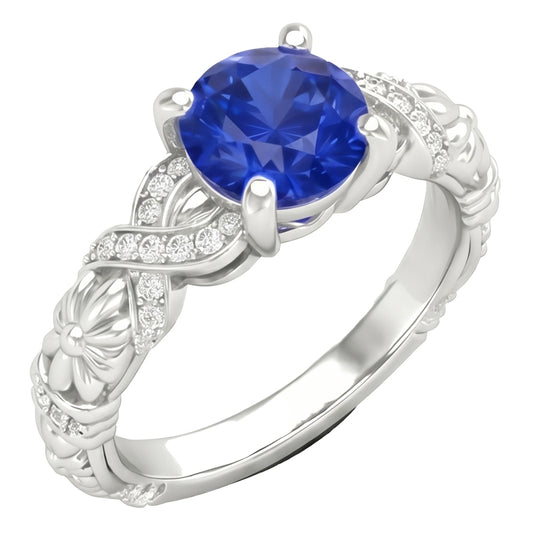 14K White Gold 1.90 Ct Round Cut Ceylon Sapphire Natural Earth Mined Diamond ( Not Lab Grown ) s Ring New