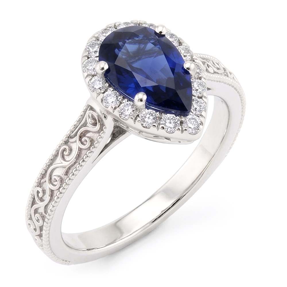 14K White Gold Antique Blue Sapphire Gemstone Ring 1 ct