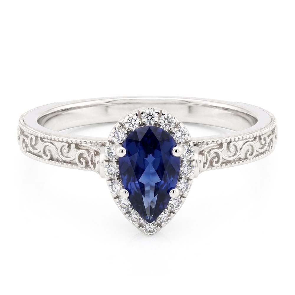 14K White Gold Antique Blue Sapphire Gemstone Ring 1 ct