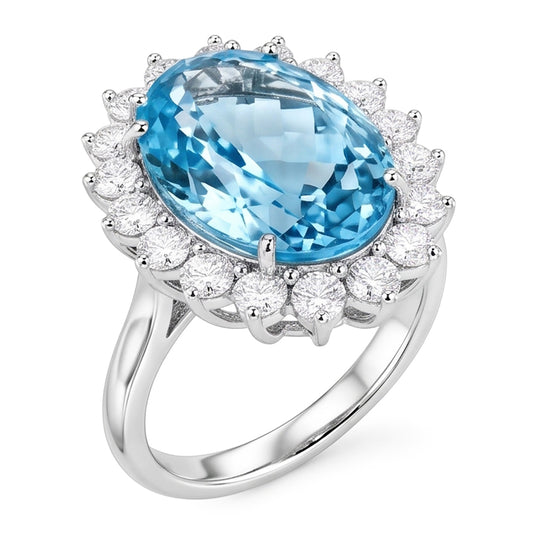 14K White Gold Aquamarine With Natural Earth Mined Diamond ( Not Lab Grown )s 9 Ct Engagement Ring