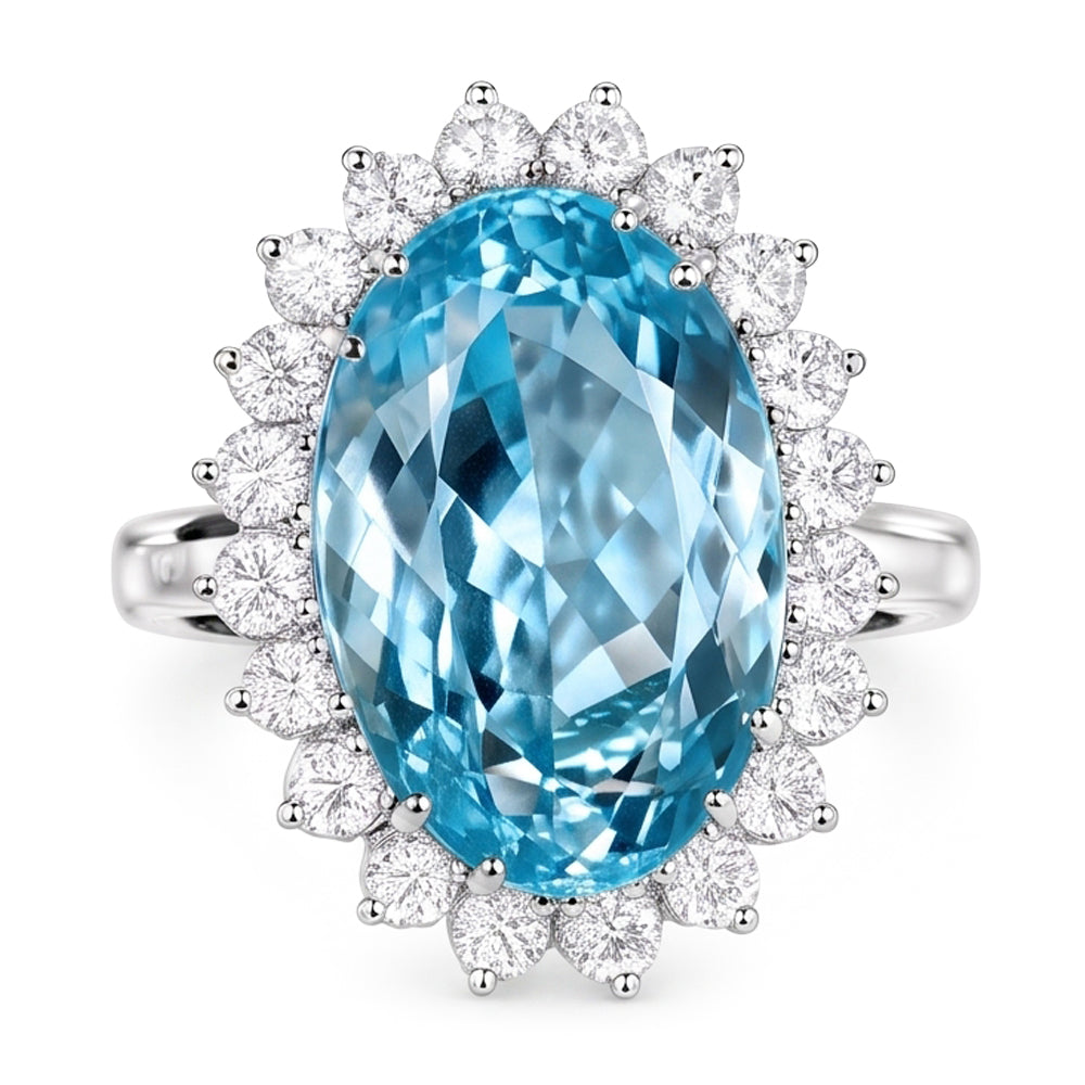 14K White Gold Aquamarine With Natural Earth Mined Diamond ( Not Lab Grown )s 9 Ct Engagement Ring