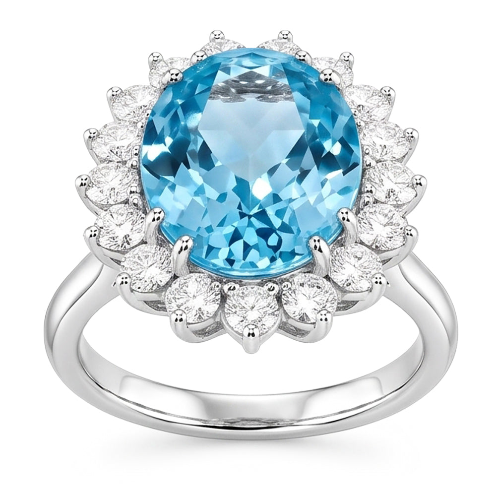 14K White Gold Aquamarine With Natural Earth Mined Diamond ( Not Lab Grown )s 9 Ct Engagement Ring