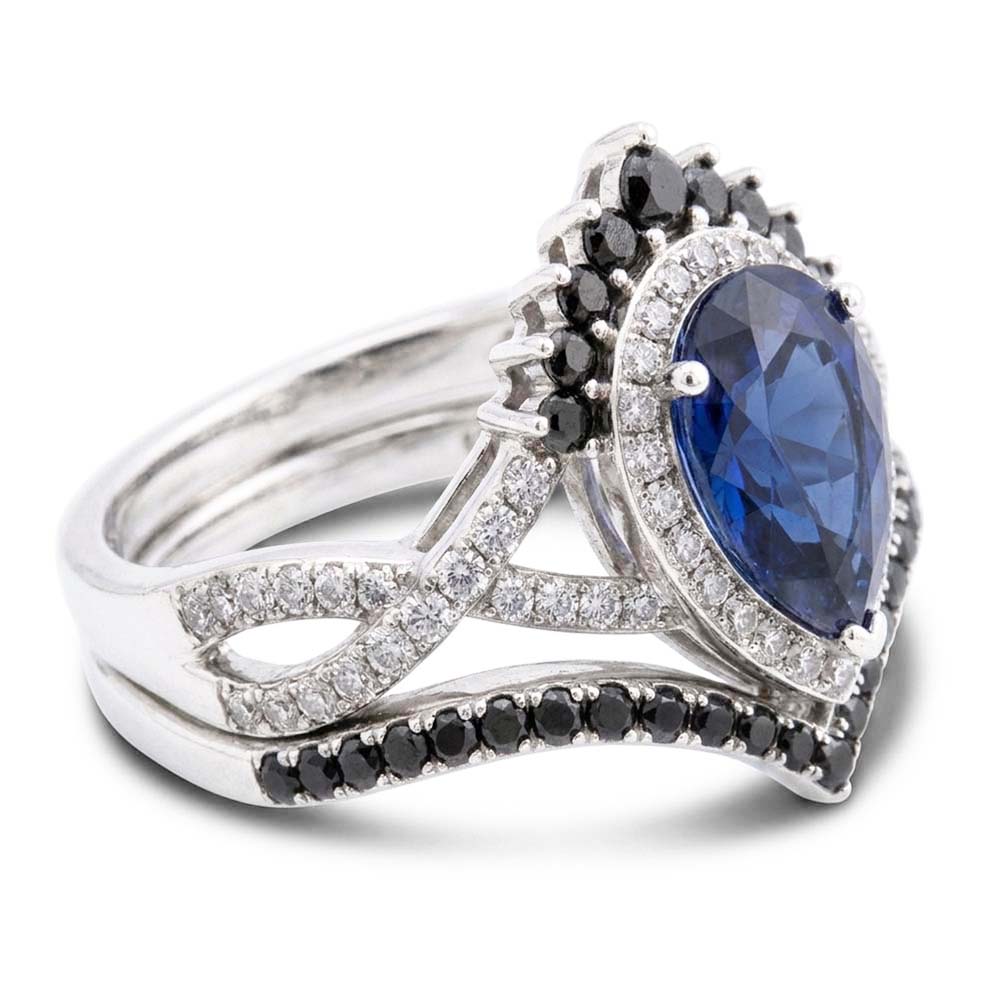 14K White Gold Black Diamond Blue Sapphire Colored Stone Ring 4
