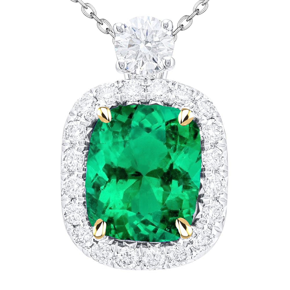 Colombian Emerald Cushion Precious Stone Pendant in 14K Two Tone Gold – main view